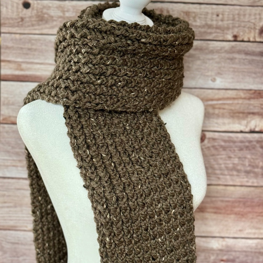 Brown Cream Chunky Knit Scarf Long Wool Blend